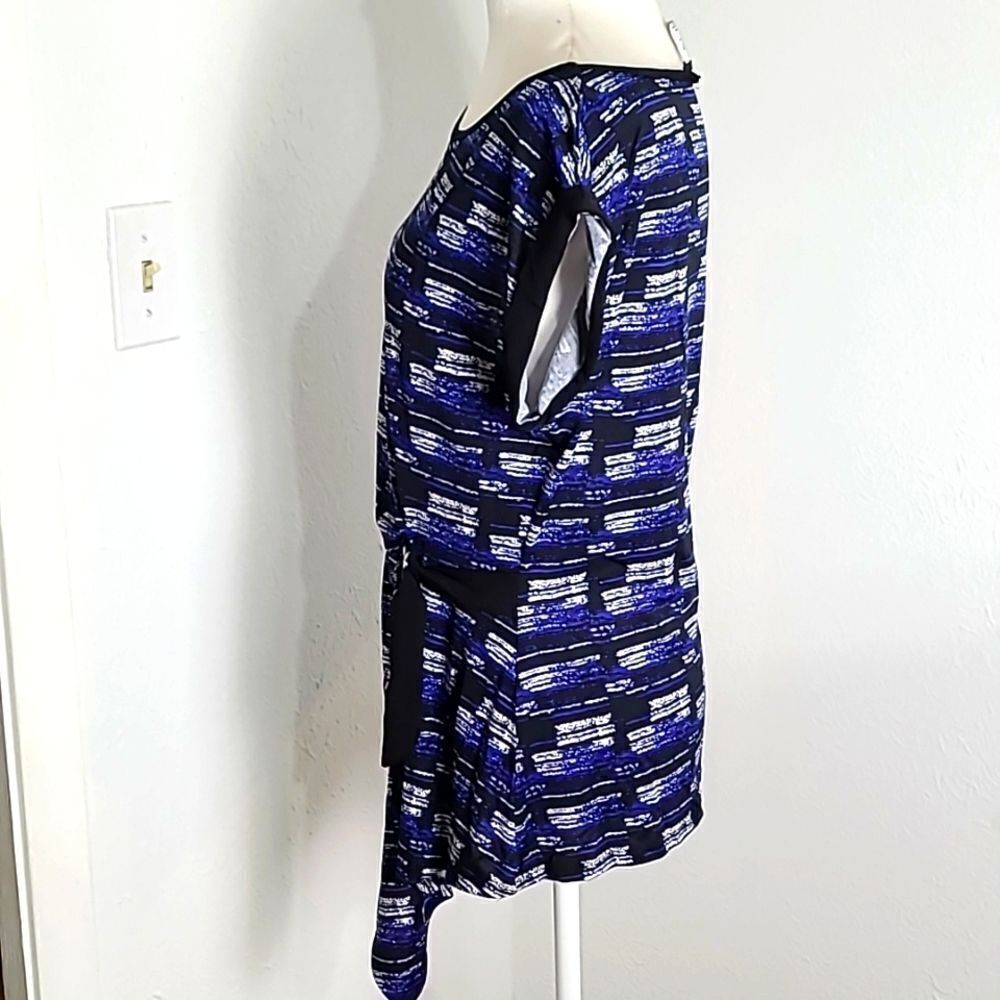 Mandy Evans Navy, Black & White Print Top, Aysemetrical Hem with Belt, Sz Large - Picture 6 of 9